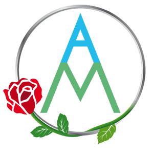 Logo der Magic-Academy in Form eines silbernen Ringes, indem eine rote Rose entlangrankt und in der Mitte des Ringes ein blaues A und ein grünes M